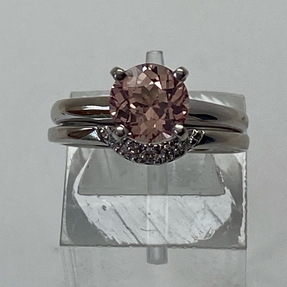 14K White Gold Morganite Solitaire Engagement Ring with Diamond Wedding Band